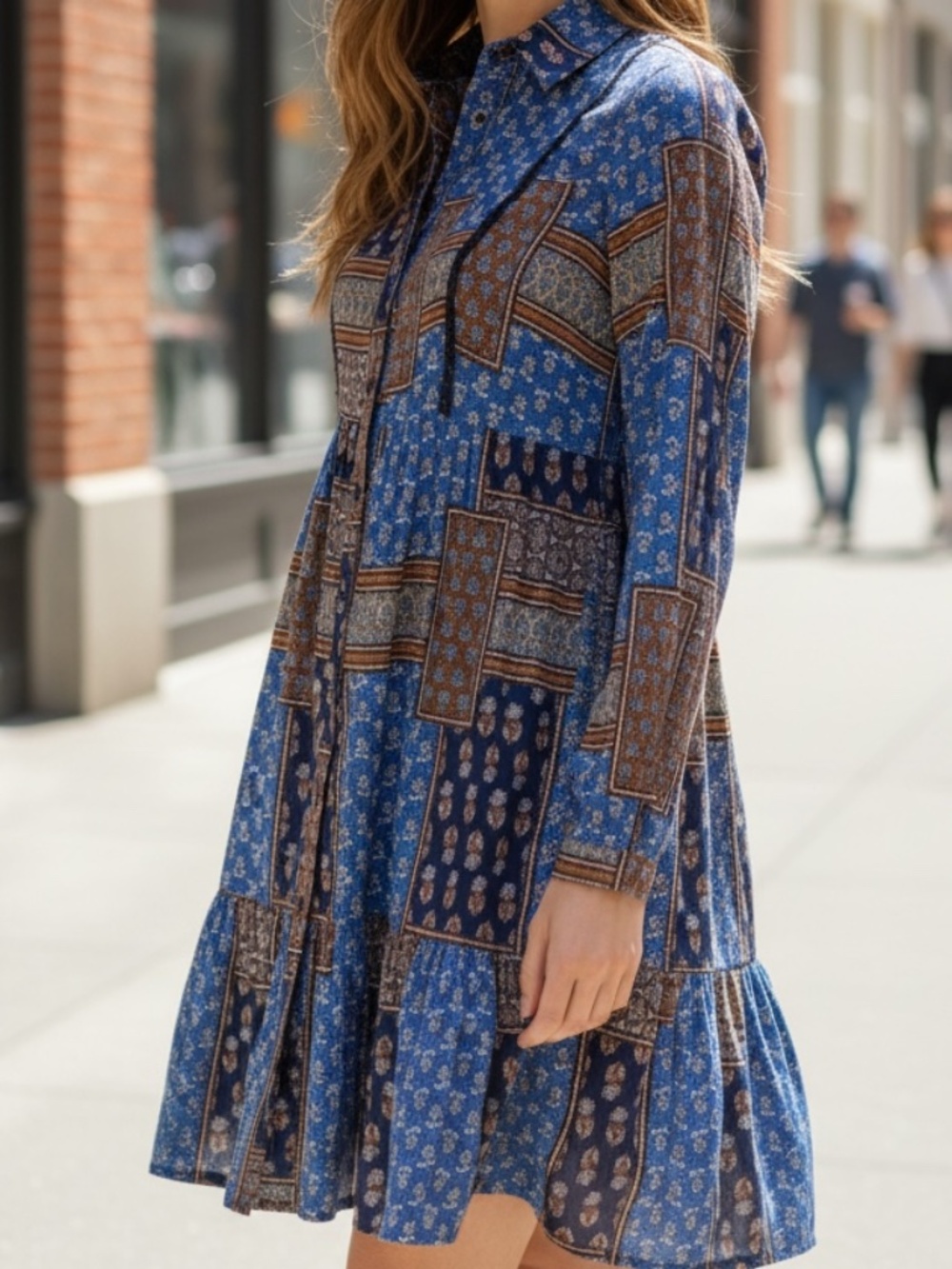 NWOT Onze Montreal Anouk Blue Brown Patterned Patchwork Shirt Dress Small